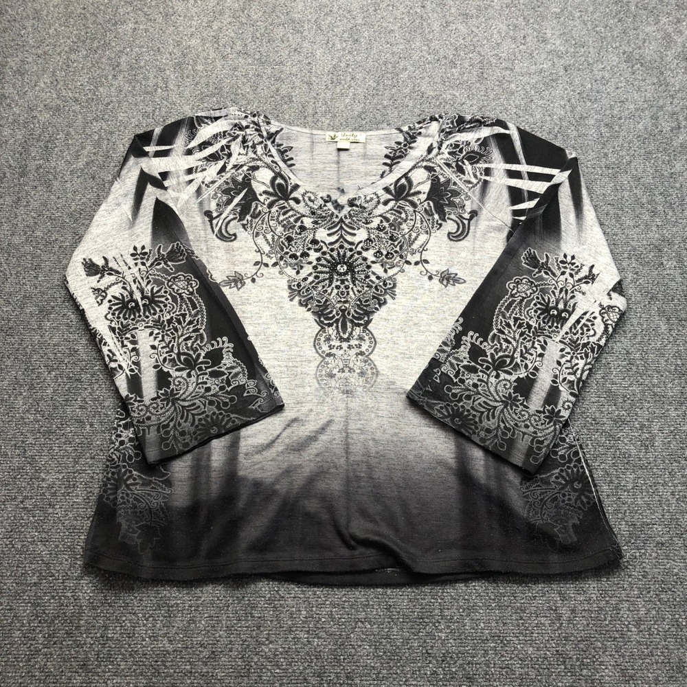 Y2K Womens Grey Black Ombre Filigree 3/4 Sleeve V-Neck Top Large